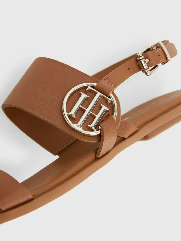 Tommy Hilfiger Th Monogram Leather Flat Sandals Summer Cognac Womens Sandals Gift Ideas