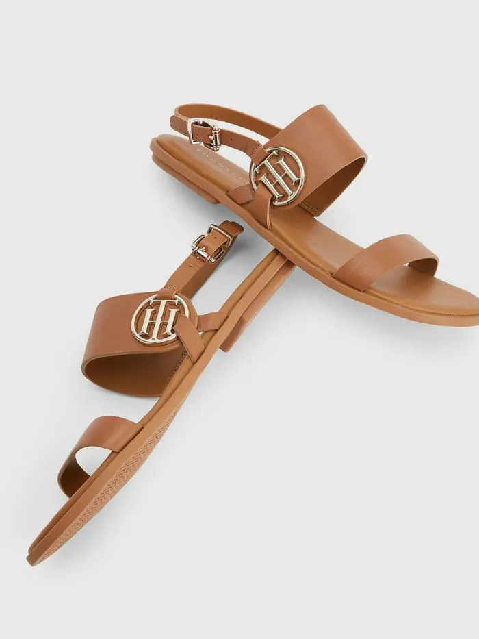 Tommy Hilfiger Th Monogram Leather Flat Sandals Summer Cognac Womens Sandals Gift Ideas