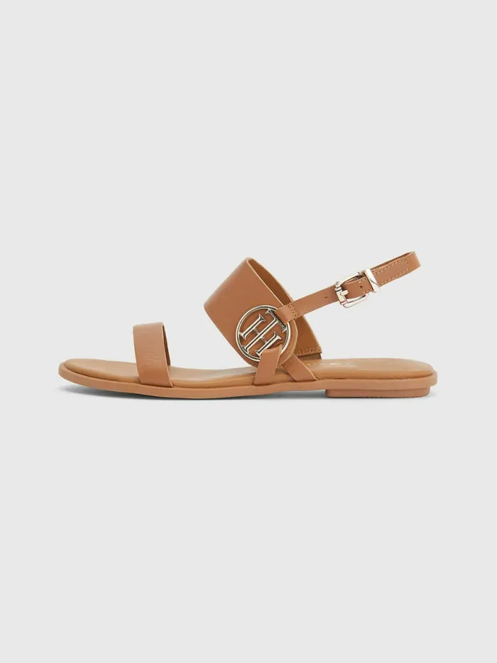Tommy Hilfiger Th Monogram Leather Flat Sandals Summer Cognac Womens Sandals Gift Ideas