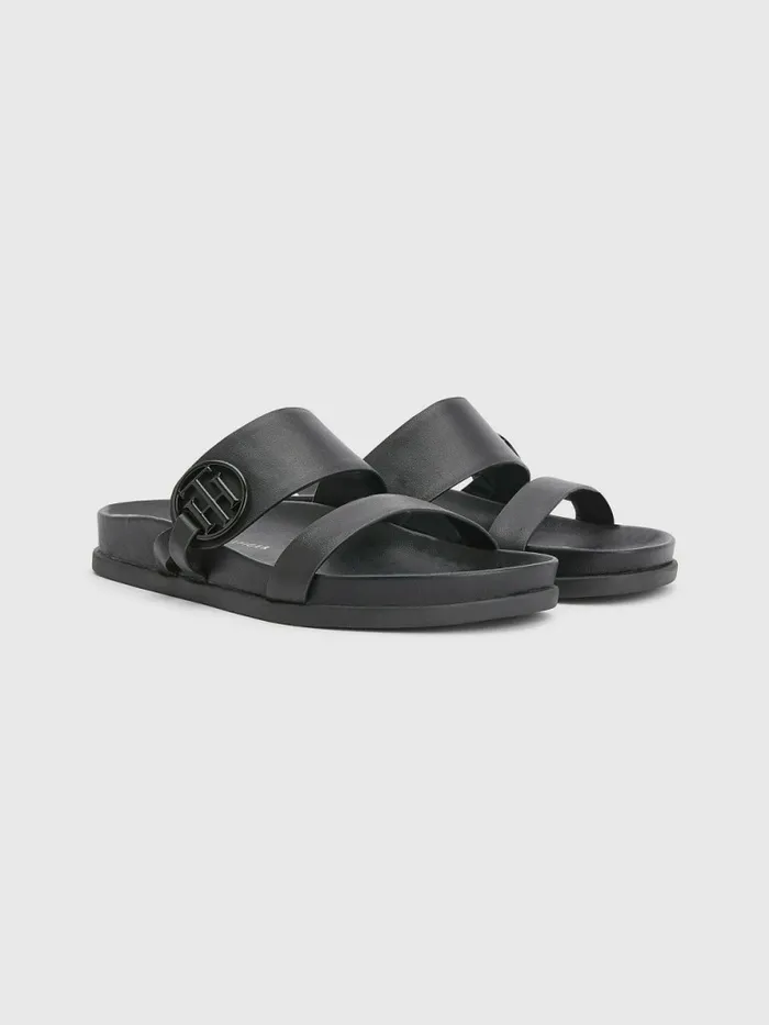 Tommy Hilfiger Th Monogram Leather Sandals Black Womens Sandals Gift 4 You