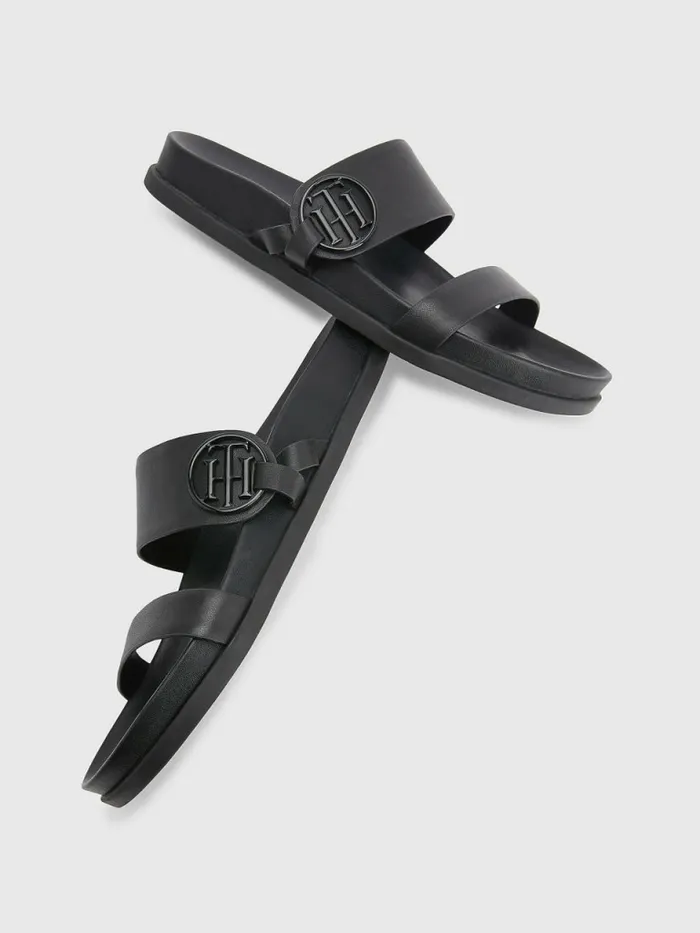 Tommy Hilfiger Th Monogram Leather Sandals Black Womens Sandals Gift 4 You