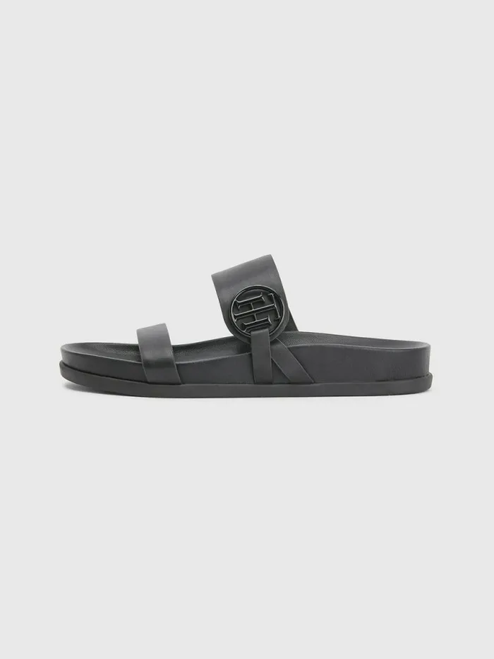 Tommy Hilfiger Th Monogram Leather Sandals Black Womens Sandals Gift 4 You