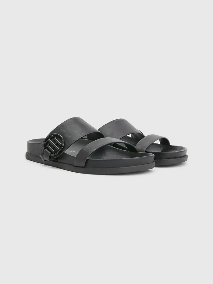 Tommy Hilfiger Th Monogram Leather Sandals Black Womens Sandals Gift 4 You