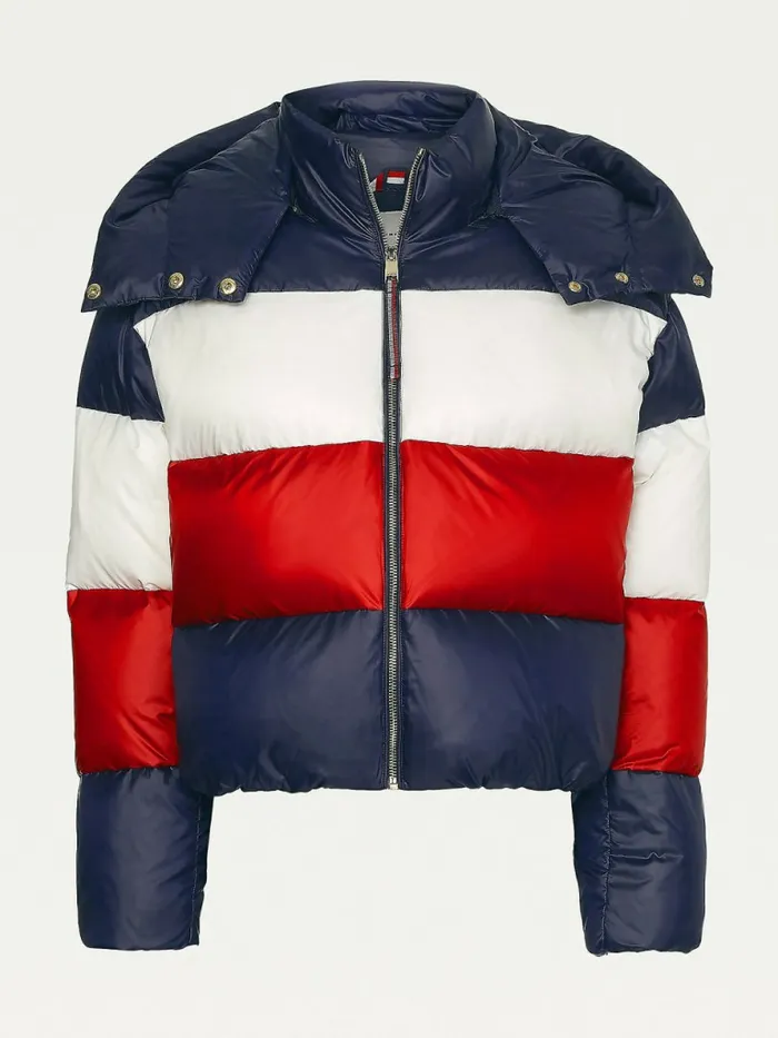 Tommy Hilfiger Th Protect ColourBlocked Down Puffer Jacket Breezy BlueTh Optic White Swt Womens Coats and Jackets Sale