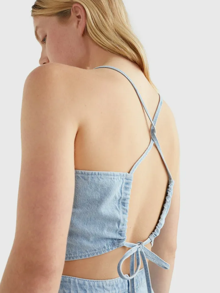 Tommy Hilfiger Tie Back Denim Chambray Top Denim Light Womens Shirts and Blouses For Sale