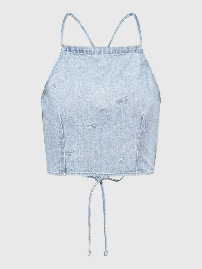 Tommy Hilfiger Tie Back Denim Chambray Top Denim Light Womens Shirts and Blouses For Sale