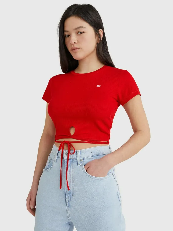 Tommy Hilfiger Tie Detail Cropped TShirt Deep Crimson Womens TShirts For Sale Tommy Hilfiger Tie Detail Cropped TShirt Deep Crimson Womens TShirts For Sale