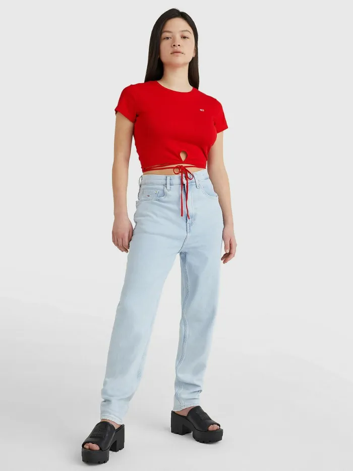 Tommy Hilfiger Tie Detail Cropped TShirt Deep Crimson Womens TShirts For Sale