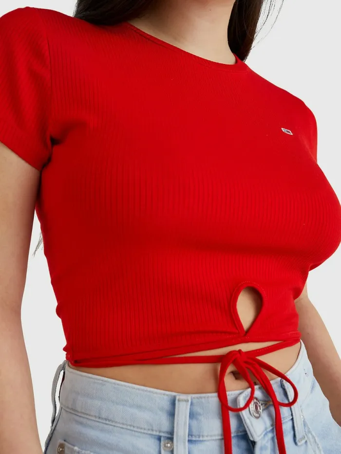 Tommy Hilfiger Tie Detail Cropped TShirt Deep Crimson Womens TShirts For Sale