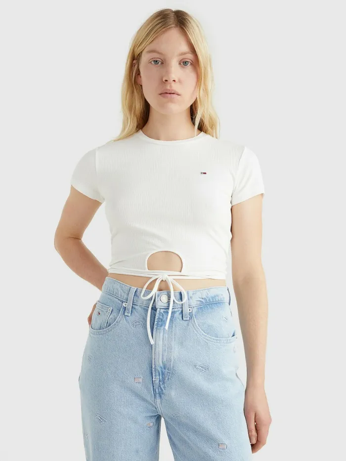 Tommy Hilfiger Tie Detail Cropped TShirt Ecru Womens TShirts Gift for Friend