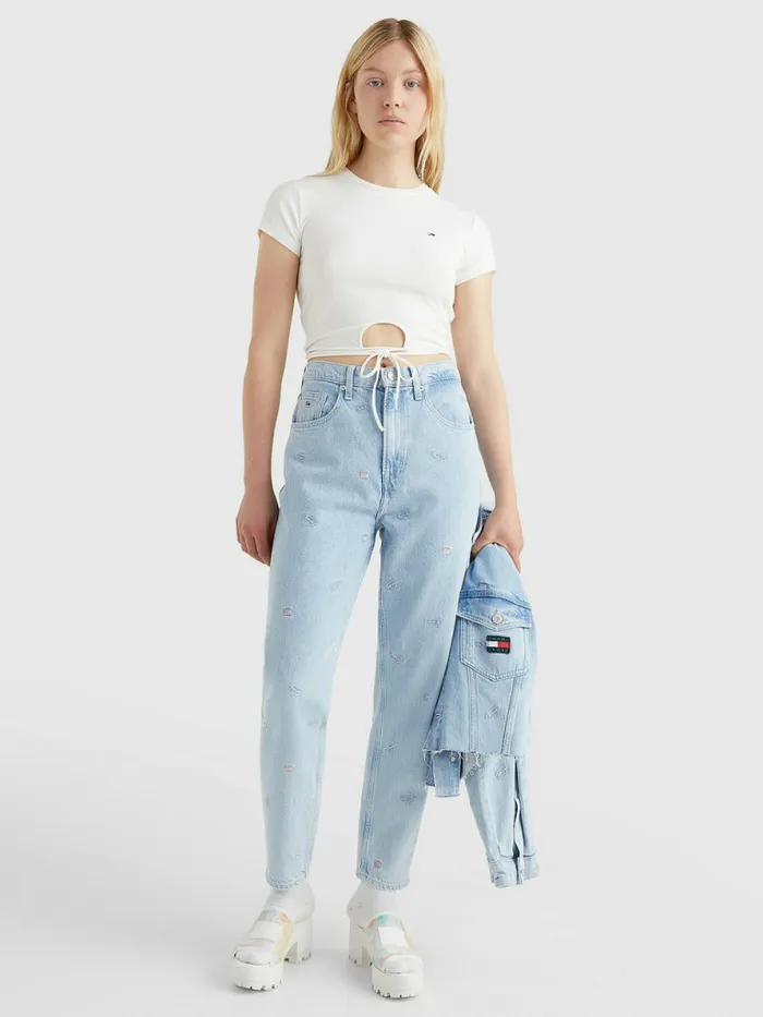 Tommy Hilfiger Tie Detail Cropped TShirt Ecru Womens TShirts Gift for Friend