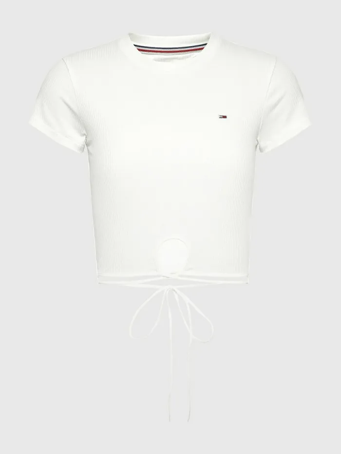 Tommy Hilfiger Tie Detail Cropped TShirt Ecru Womens TShirts Gift for Friend