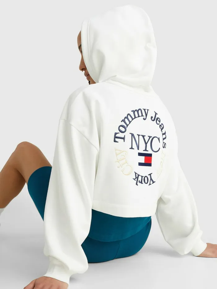 Tommy Hilfiger Timeless Logo Super Cropped Hoody Ecru Womens Sweatshirts and Hoodies Sale