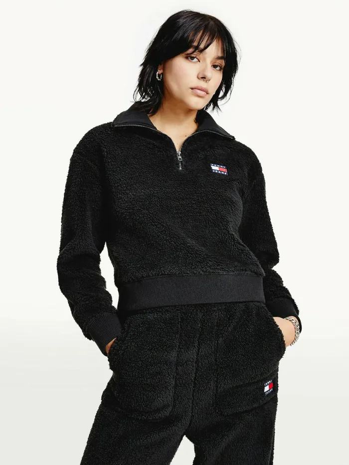 Tommy Hilfiger Tommy Badge Boxy Plush Fleece Sweatshirt Black Womens CoOrds