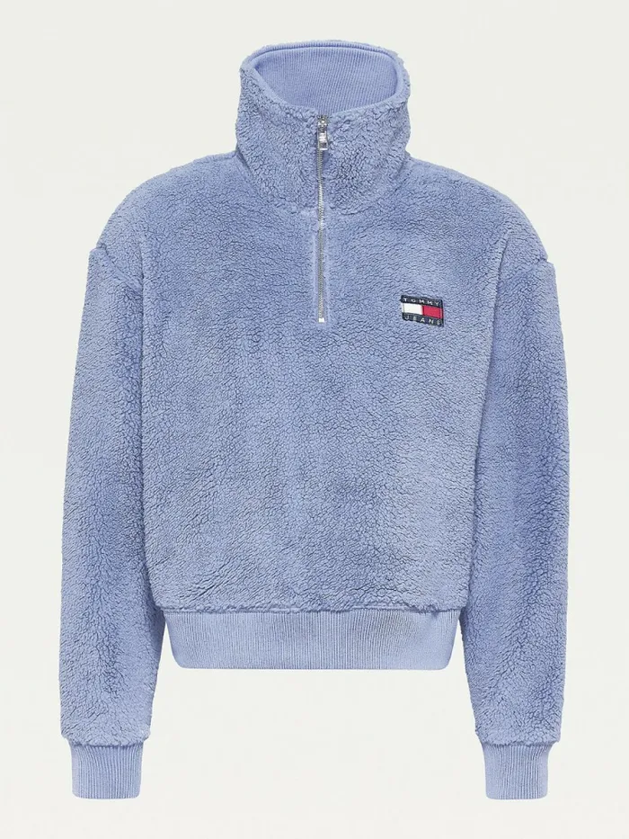 Tommy Hilfiger Tommy Badge Boxy Plush Fleece Sweatshirt Lavender Grey Womens Sweatshirts and Hoodies Cheap On Sale