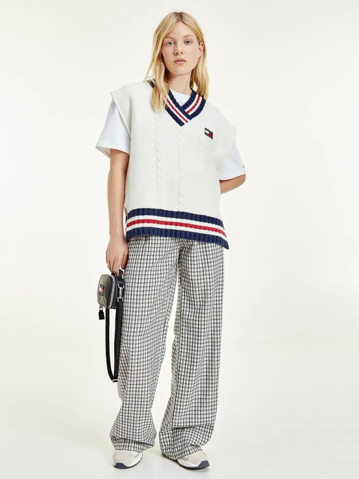 Tommy Hilfiger Tommy Badge Oversized Sleeveless Vest Ecru Womens Knitwear On Sale Tommy Hilfiger Tommy Badge Oversized Sleeveless Vest Ecru Womens Knitwear On Sale