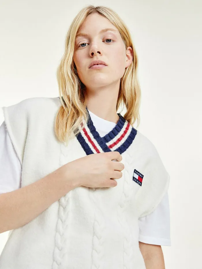 Tommy Hilfiger Tommy Badge Oversized Sleeveless Vest Ecru Womens Knitwear On Sale