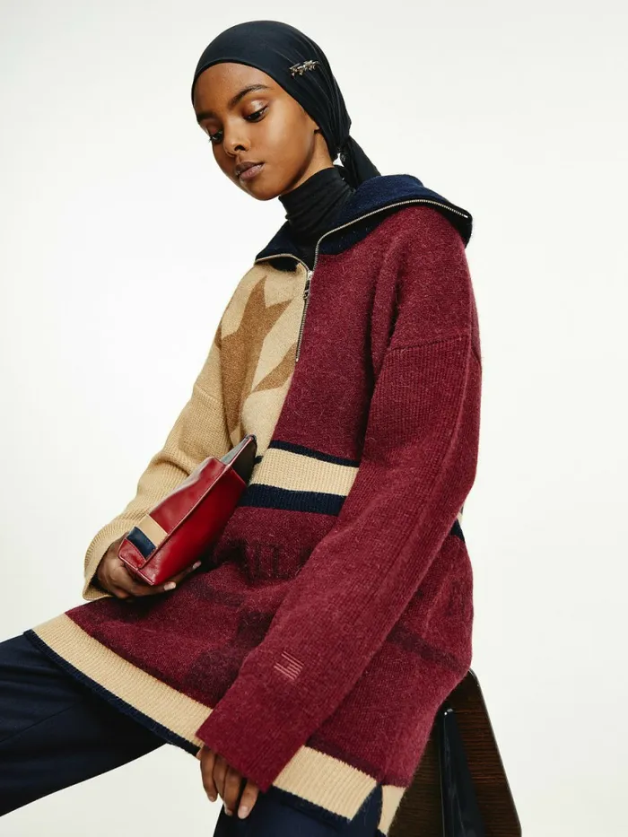 Tommy Hilfiger Tommy Icons Oversized QuarterZip Jumper Icon Khaki Patchwork Womens Knitwear On Sale Tommy Hilfiger Tommy Icons Oversized QuarterZip Jumper Icon Khaki Patchwork Womens Knitwear On Sale