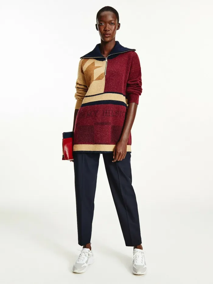 Tommy Hilfiger Tommy Icons Oversized QuarterZip Jumper Icon Khaki Patchwork Womens Knitwear On Sale