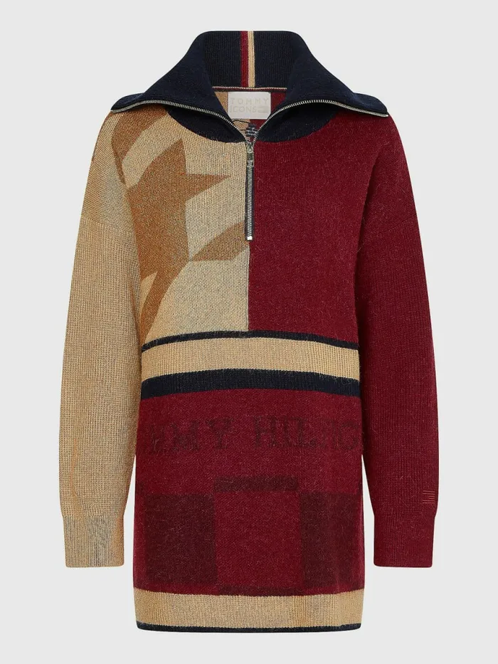 Tommy Hilfiger Tommy Icons Oversized QuarterZip Jumper Icon Khaki Patchwork Womens Knitwear On Sale