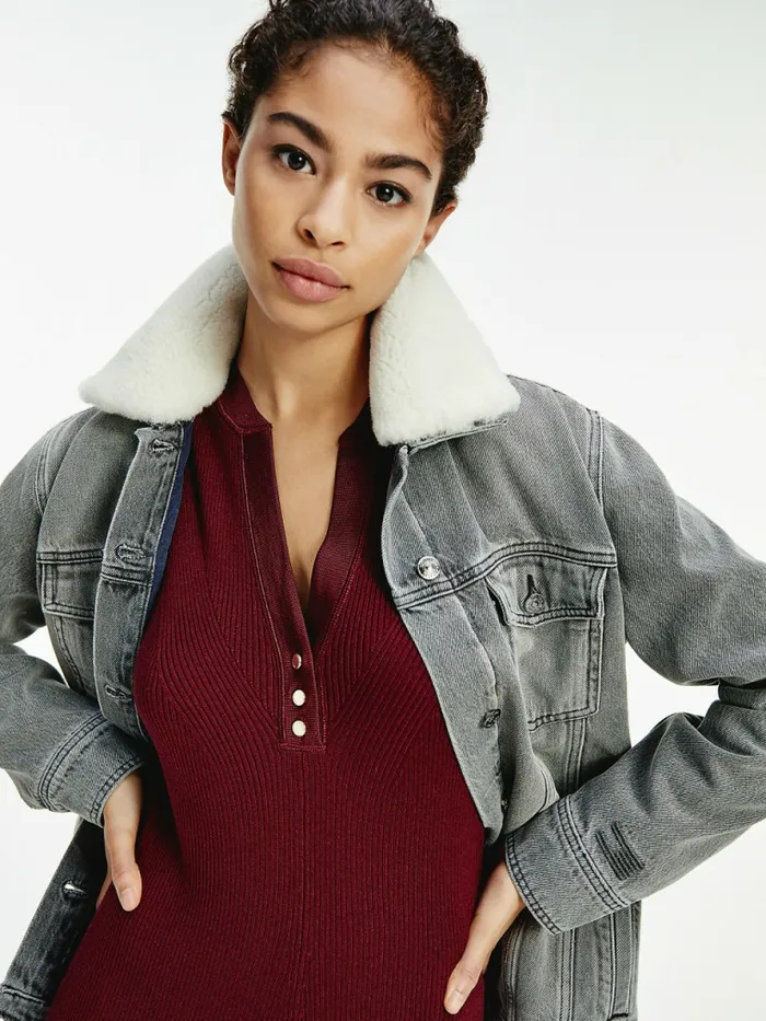 Tommy Hilfiger Tommy Icons Sherpa Collar Denim Jacket Grey Womens Coats and Jackets Fashion