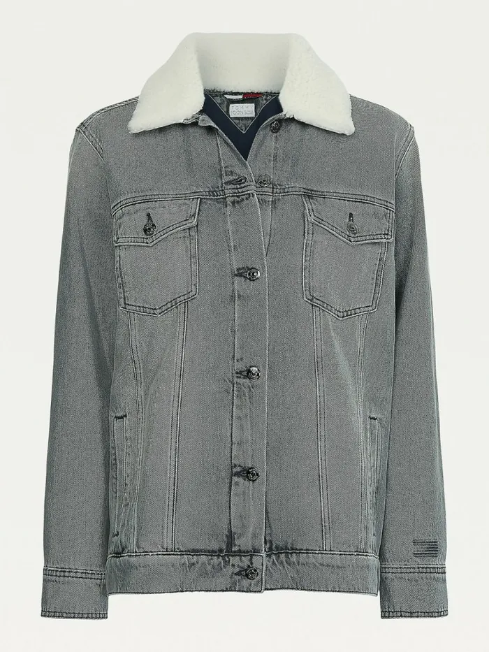 Tommy Hilfiger Tommy Icons Sherpa Collar Denim Jacket Grey Womens Coats and Jackets Fashion