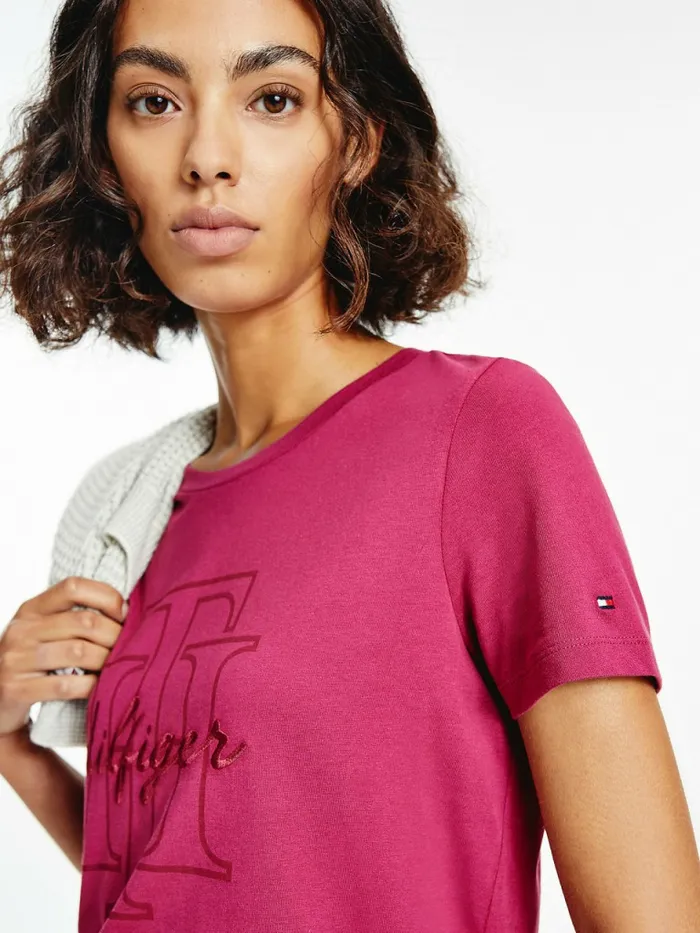 Tommy Hilfiger Tonal Script Logo Organic Cotton TShirt Crimson Ruby Womens TShirts Online