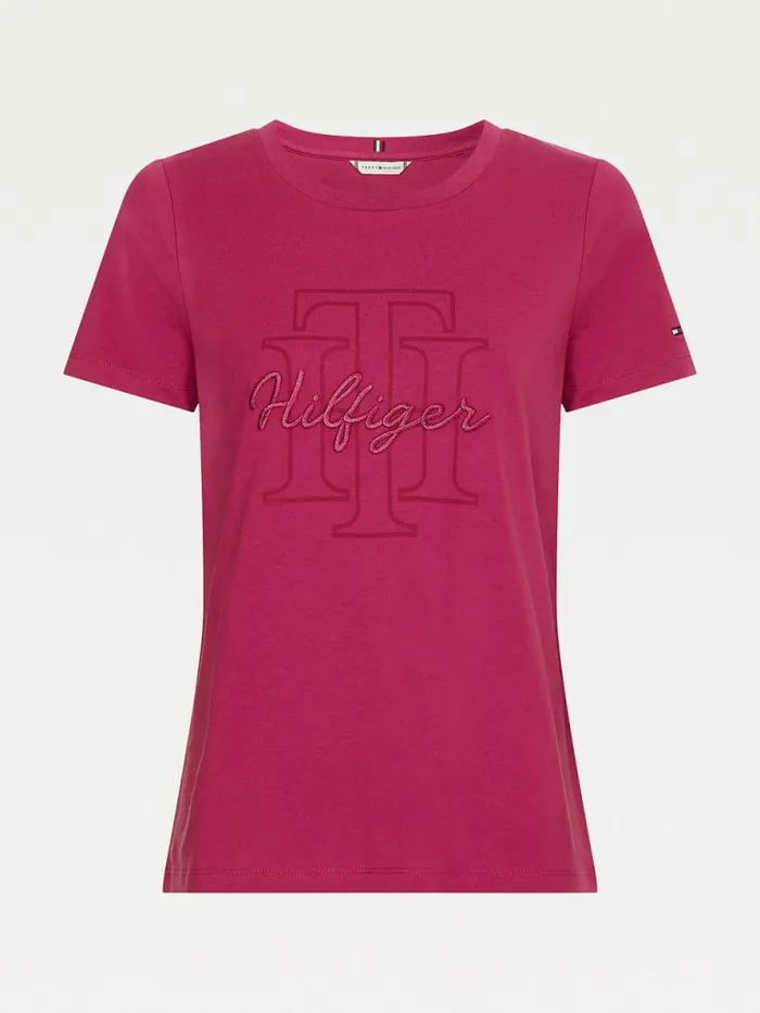 Tommy Hilfiger Tonal Script Logo Organic Cotton TShirt Crimson Ruby Womens TShirts Online