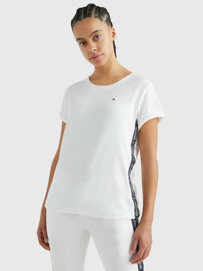 Tommy Hilfiger Towelling Logo Tape TShirt White Womens Lounge and Nightwear