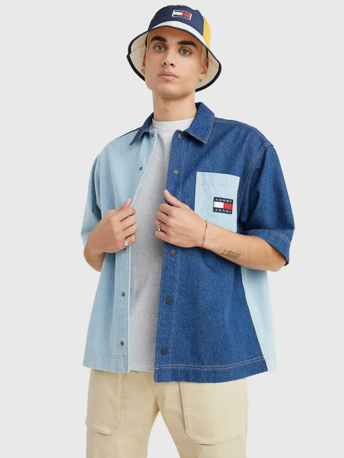 Tommy Hilfiger TwoTone Denim Short Sleeve Shirt LightMid Indigo Wash Mens Shirts Fashion Tommy Hilfiger TwoTone Denim Short Sleeve Shirt LightMid Indigo Wash Mens Shirts Fashion