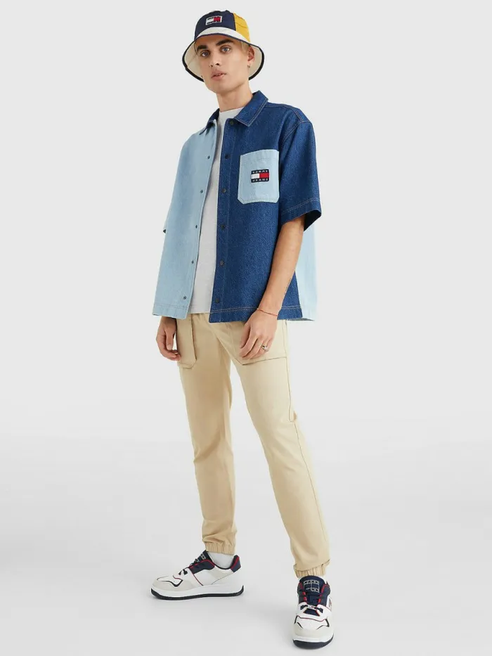 Tommy Hilfiger TwoTone Denim Short Sleeve Shirt LightMid Indigo Wash Mens Shirts Fashion