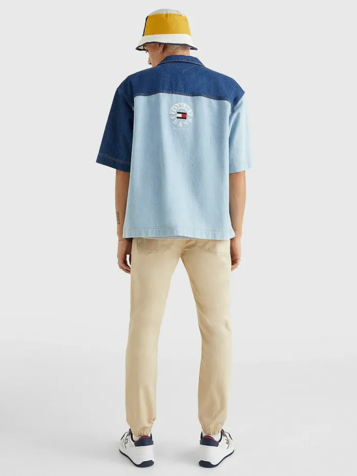 Tommy Hilfiger TwoTone Denim Short Sleeve Shirt LightMid Indigo Wash Mens Shirts Fashion