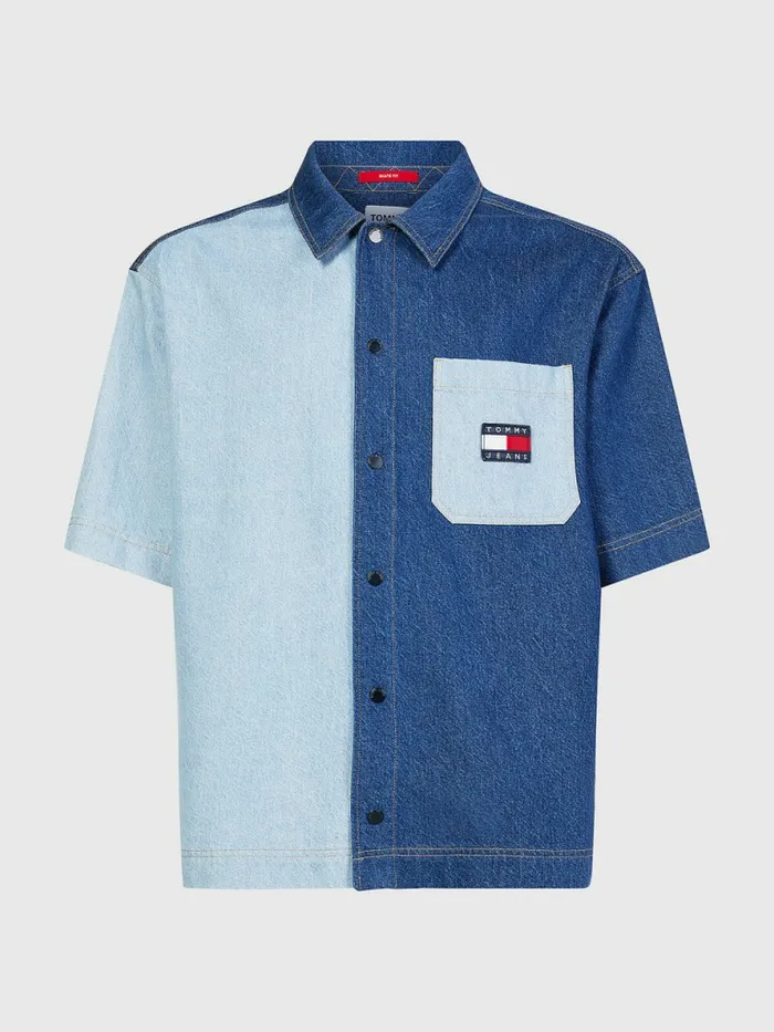 Tommy Hilfiger TwoTone Denim Short Sleeve Shirt LightMid Indigo Wash Mens Shirts Fashion