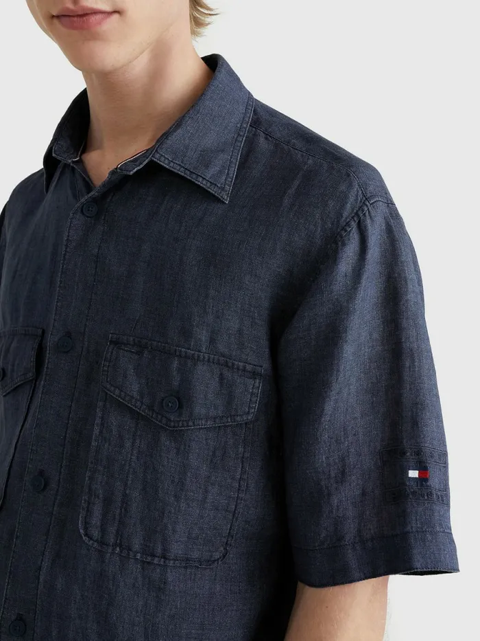 Tommy Hilfiger Utility Linen Short Sleeve Shirt Desert Sky Mens Shirts For Sale