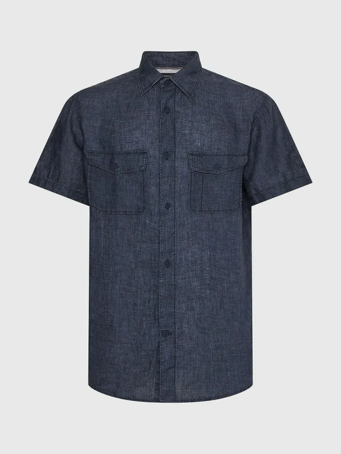 Tommy Hilfiger Utility Linen Short Sleeve Shirt Desert Sky Mens Shirts For Sale