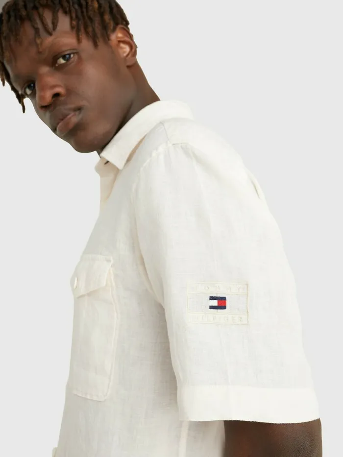 Tommy Hilfiger Utility Linen Short Sleeve Shirt Feather White Mens Shirts Fashion