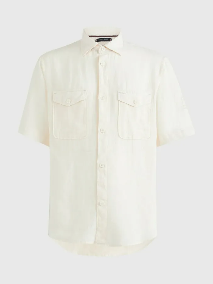 Tommy Hilfiger Utility Linen Short Sleeve Shirt Feather White Mens Shirts Fashion