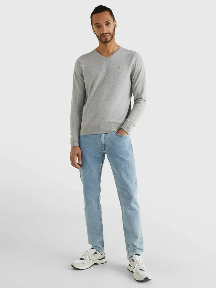 Tommy Hilfiger VNeck Cotton Blend Sweatshirt Cloud Htr Mens Knitwear Fashion