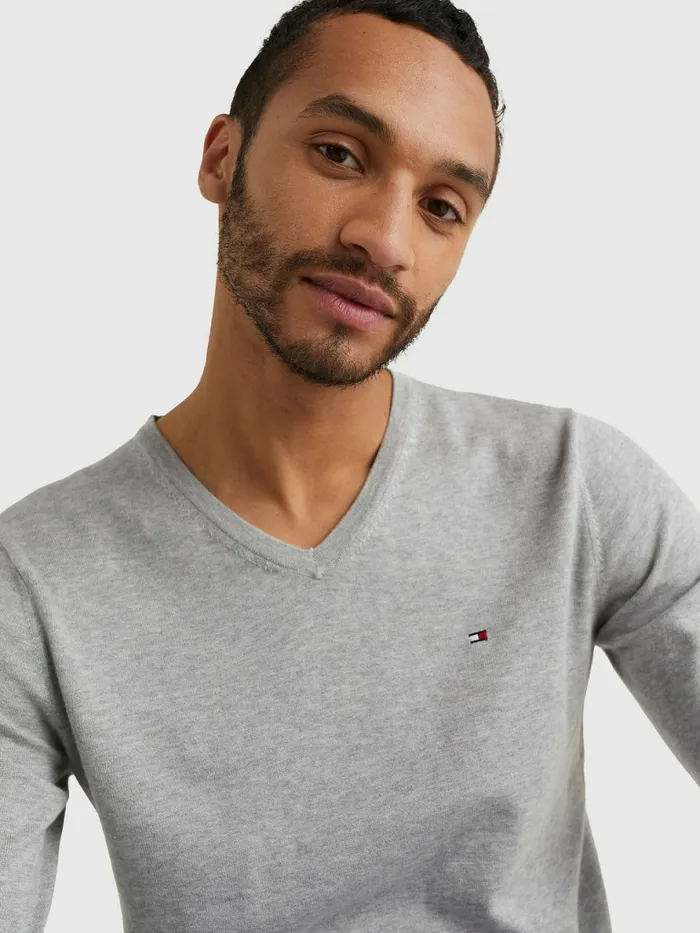 Tommy Hilfiger VNeck Cotton Blend Sweatshirt Cloud Htr Mens Knitwear Fashion