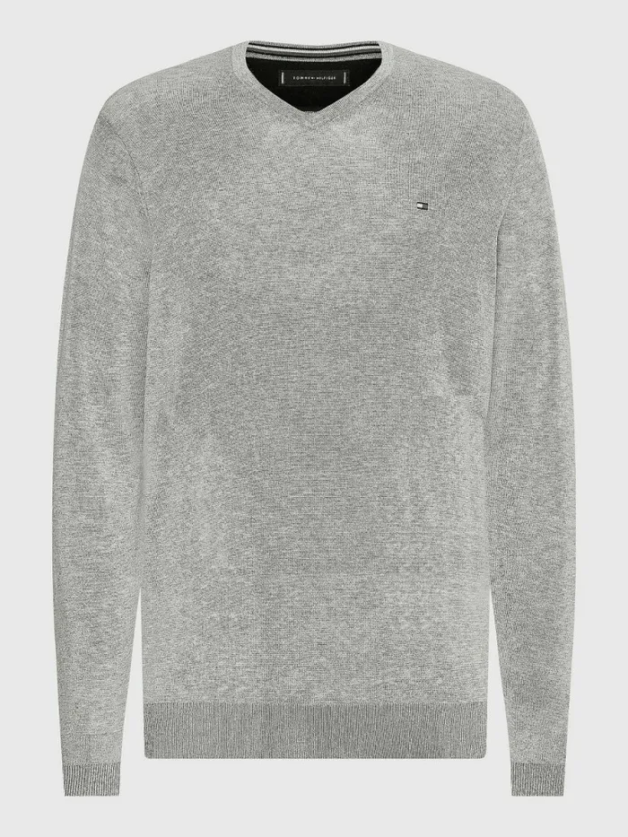 Tommy Hilfiger VNeck Cotton Blend Sweatshirt Cloud Htr Mens Knitwear Fashion