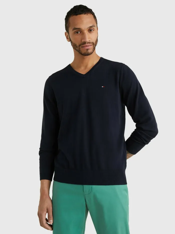 Tommy Hilfiger VNeck Cotton Blend Sweatshirt Sky Captain Mens Essentials