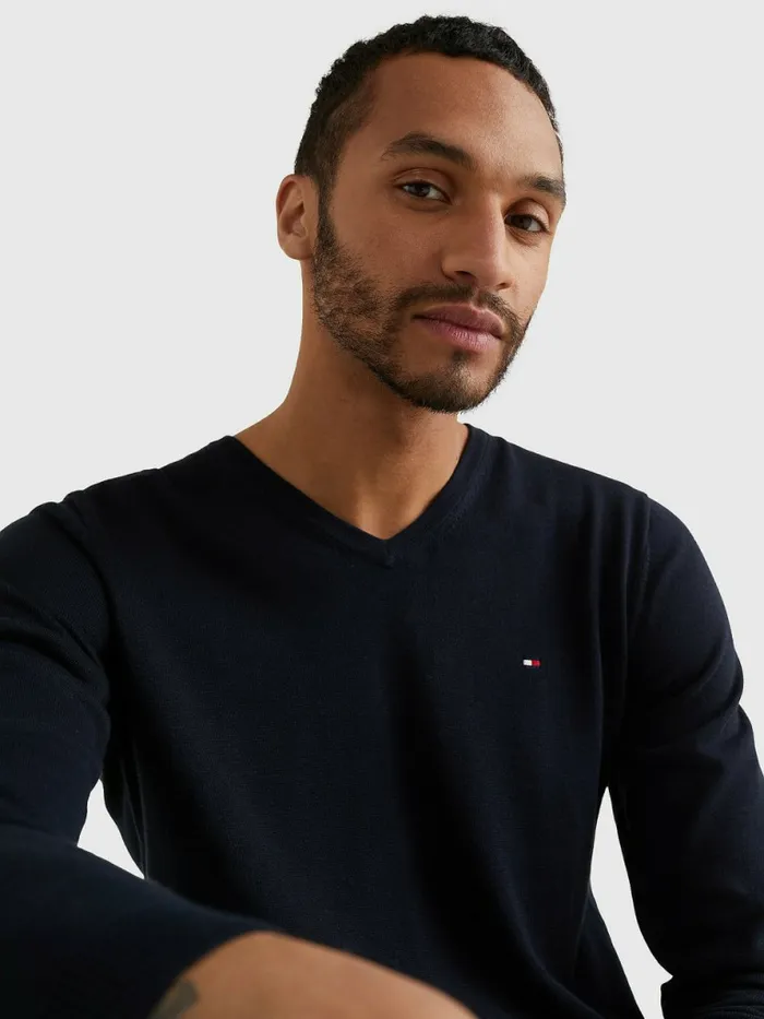 Tommy Hilfiger VNeck Cotton Blend Sweatshirt Sky Captain Mens Essentials