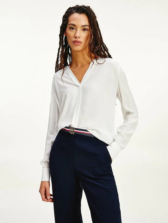 Tommy Hilfiger VNeck Piping Detail Blouse Ecru Womens Shirts and Blouses Popular Tommy Hilfiger VNeck Piping Detail Blouse Ecru Womens Shirts and Blouses Popular