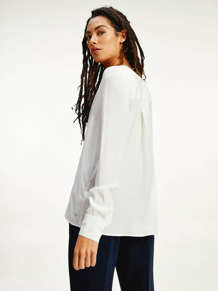 Tommy Hilfiger VNeck Piping Detail Blouse Ecru Womens Shirts and Blouses Popular