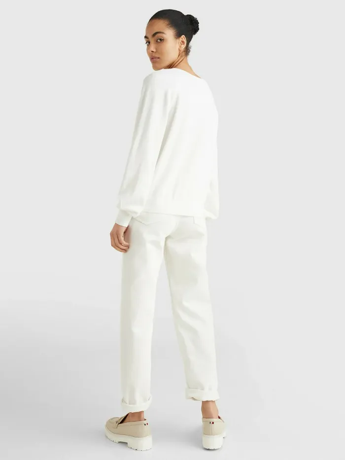 Tommy Hilfiger VNeck Puff Sleeve Relaxed Fit Jumper Ecru Womens Knitwear Gift Ideas