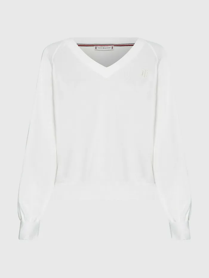 Tommy Hilfiger VNeck Puff Sleeve Relaxed Fit Jumper Ecru Womens Knitwear Gift Ideas