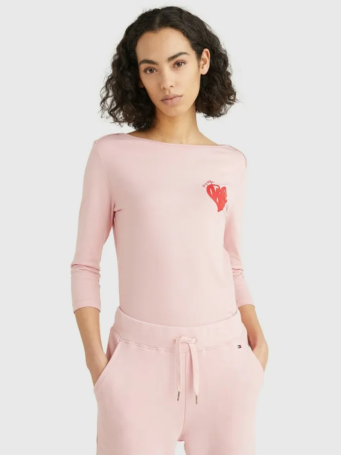 Tommy Hilfiger Valentines Heart Print Boat Neck TShirt Glacier Pink Womens TShirts Fashion Tommy Hilfiger Valentines Heart Print Boat Neck TShirt Glacier Pink Womens TShirts Fashion