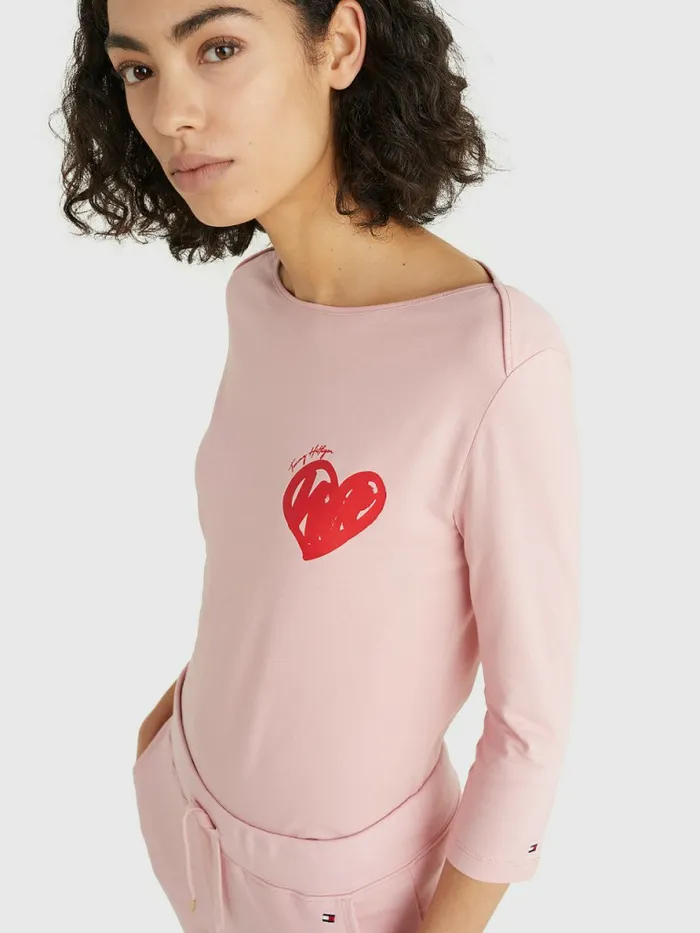 Tommy Hilfiger Valentines Heart Print Boat Neck TShirt Glacier Pink Womens TShirts Fashion