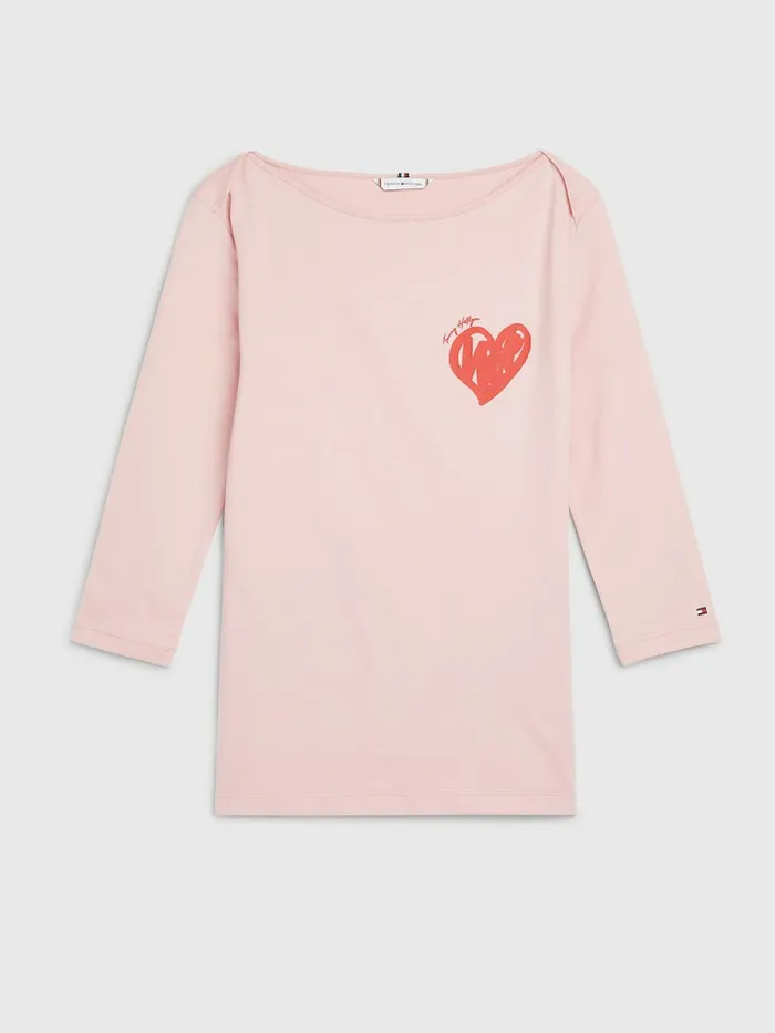 Tommy Hilfiger Valentines Heart Print Boat Neck TShirt Glacier Pink Womens TShirts Fashion