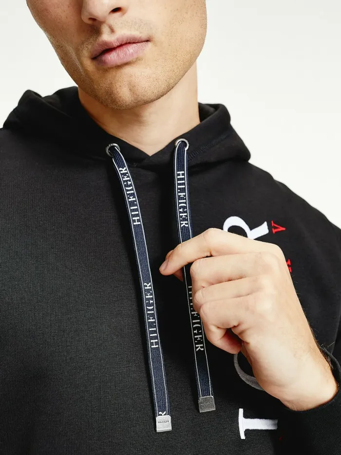 Tommy Hilfiger Vertical Logo Flex Fleece Hoody Black Mens Sweatshirts and Hoodies Gift for Friend